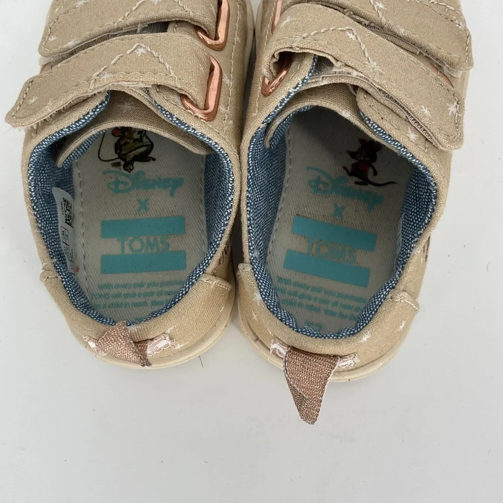 Disney x TOMS Toddler Beige Canvas Hook & Loop Shoes with Cinderella Mice Size 7